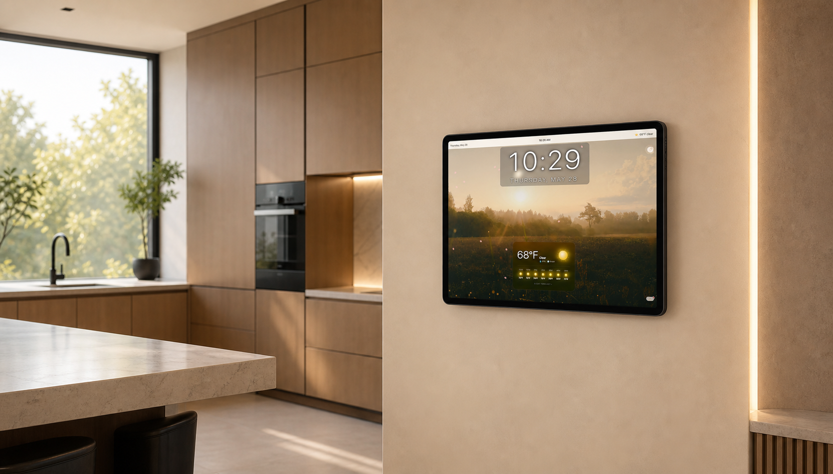 FamGlow as an always-on wall display showing a family photo, time, and weather